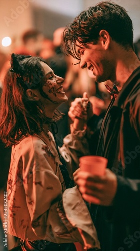 Halloween Holiday Theme. a man and a woman in a lively, intimate moment. The woman, on the left, has dark hair styled in a catlike fashion, and her face is covered in blood splatters.