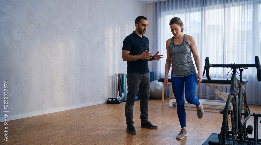 Fototapeta premium Post-fit balance exercise in cycling rehabilitation clinic
