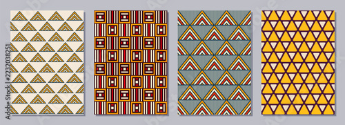 Set of flyers, posters, banners, placards, brochure design templates A6 size. Graphic design templates with color ethnic ornaments. Geometric color patterns backgrounds. Vector background.