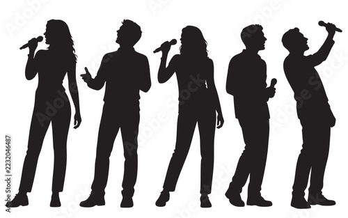 Singer Silhouette Vector Collection, Male and Female Vocalists Performing with Microphones