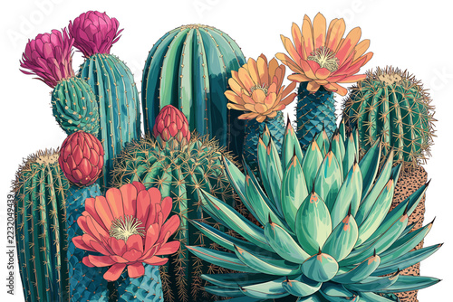Colorful cactus illustration with vibrant flowers and spiky stems.