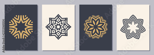 Set of flyers, posters, placards, brochure design templates A6 size with symmetric geometric symbols or snowflakes. Vertical color blanks with isolated geometric signs. Flat design.