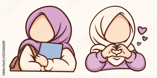 Cute Chibi Hijab Girls with Heart Gestures and Book
