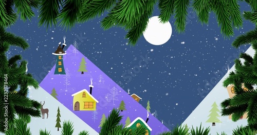 Framing snowy hillside village, cottages glowing under full moon with falling snow and smoke rising