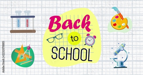 Displaying yellow Back to School badge on graph paper, showing glasses, alarm clock, microscope