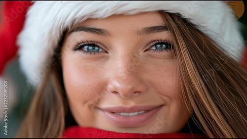 A woman wearing a Santa hat looks at the camera as she lowers a red scarf from her nose to below her mouth in a close-up holiday portrait.