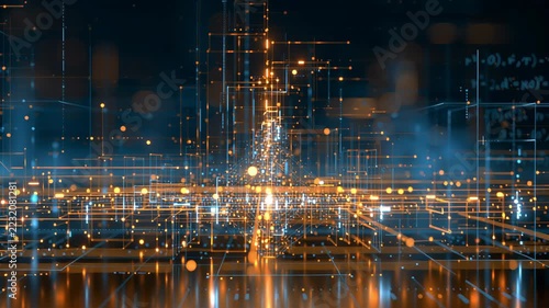 Lights from buildings and structures line a waterfront at night, with orange and blue reflections stretching across the water.