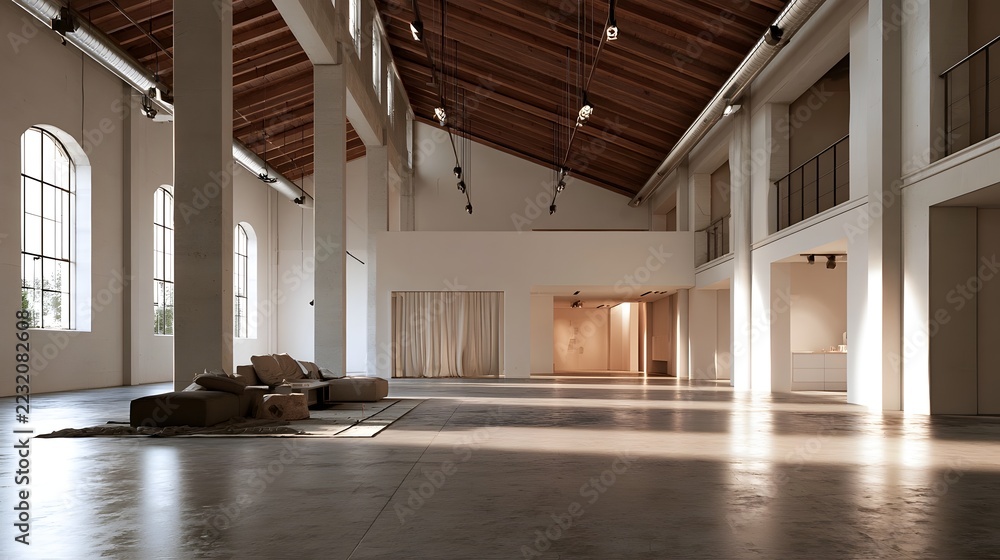 Fototapeta premium A spacious industrial loft with high ceilings exposed wooden beams and large arched letting in natural light