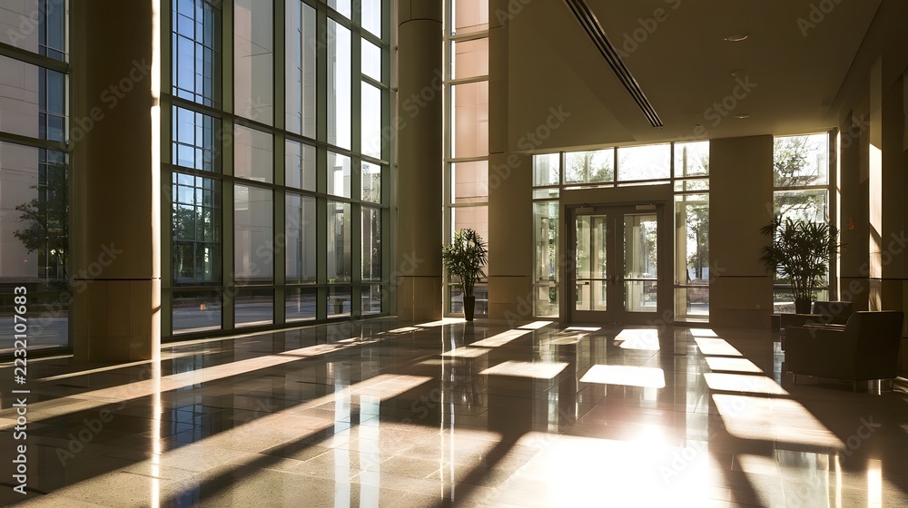 Fototapeta premium Sunlight streams through tall glass into a spacious modern building lobby with polished floors and potted plants