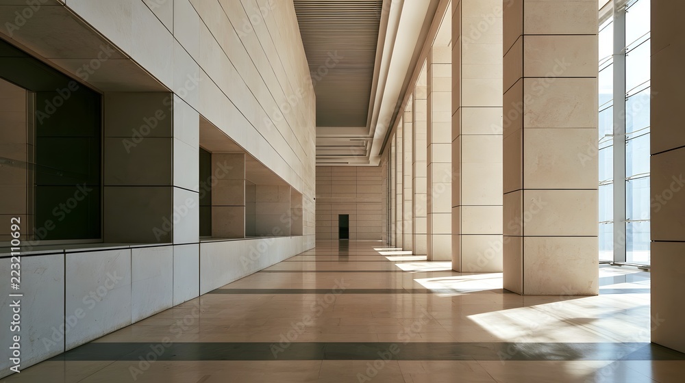 Fototapeta premium A long empty modern architectural corridor with tall columns polished floors and natural light from large