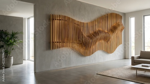Sunlit Micro-Cement & Floating Teak Parametric Grid