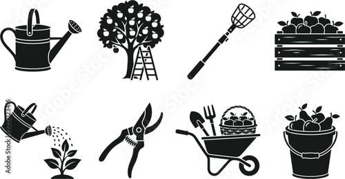 Gardening and orchard harvest icon set, watering cans fruit tree pruners wheelbarrow and produce basket collection