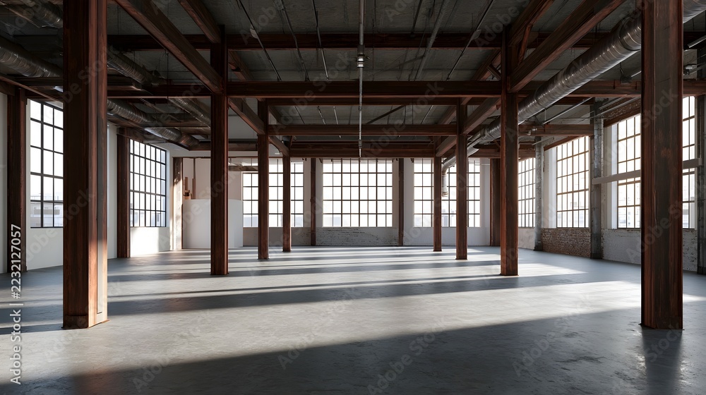 Fototapeta premium A spacious industrial warehouse interior with exposed wooden beams large and concrete flooring bathed in natural light