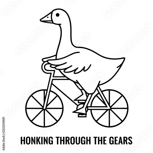Goose Riding Bicycle Line Art Illustration with Text Honking Through the Gears