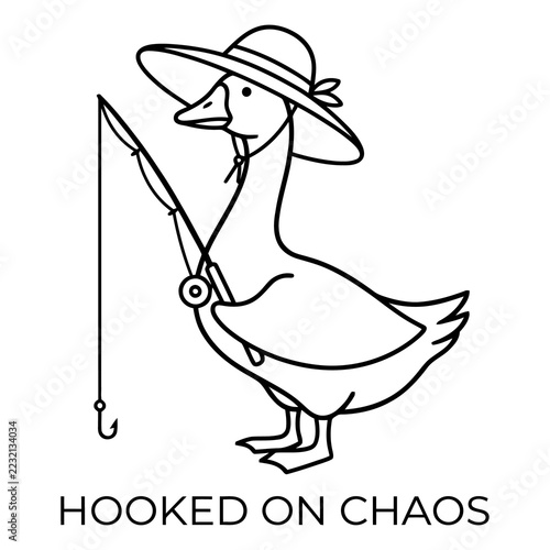 Goose Wearing Sun Hat Fishing with Rod and Reel, Line Dangling