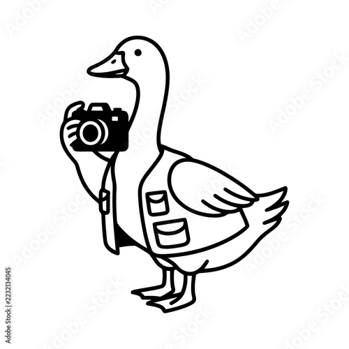 Duck Photographer Wearing Vest Holding Camera, Cartoon Style, Isolated White Background