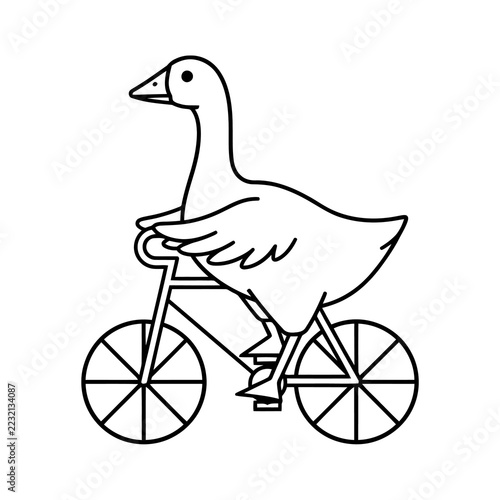 Goose Riding Bicycle Line Art Illustration, Whimsical Animal Character Cycling