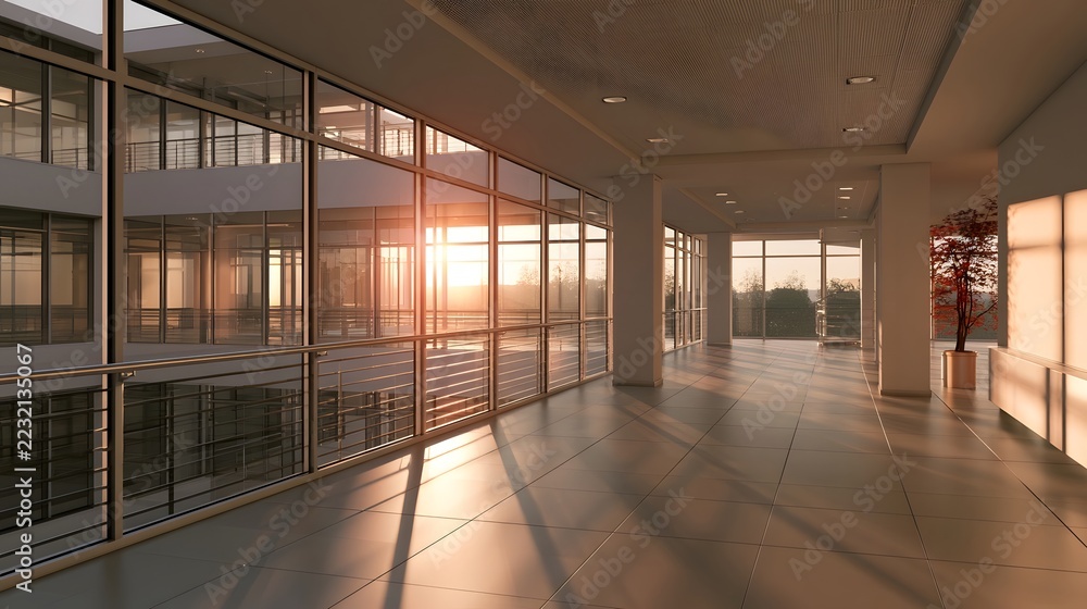 Fototapeta premium Sunlight streams through glass walls into a modern office corridor with polished floors and minimalist design
