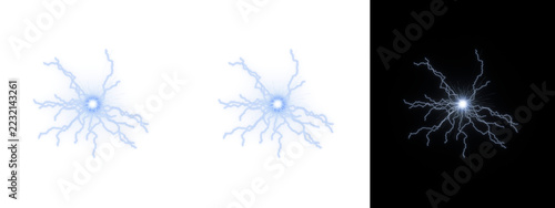 Obraz na plátně Blue Electric Spark Burst with Radiating Lightning Bolts and Bright Core on Tran