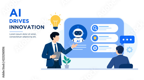 AI drives innovation technology concept with a businessman presenting an AI robot assistant on a digital interface with search, settings icons.  artificial intelligence, Vector flat illustration