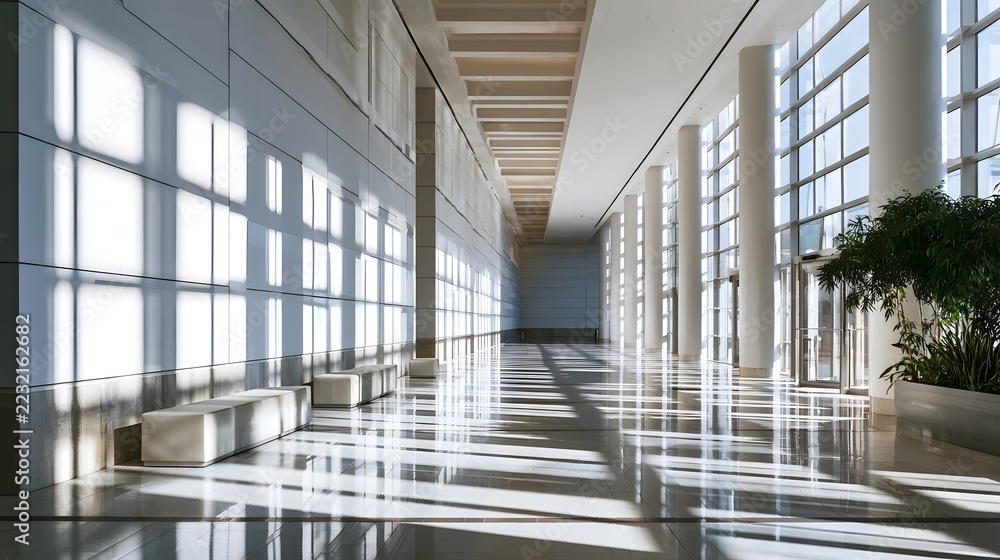 Fototapeta premium A long bright modern hallway with polished floors large and strong sunlight casting geometric shadows on walls and ground