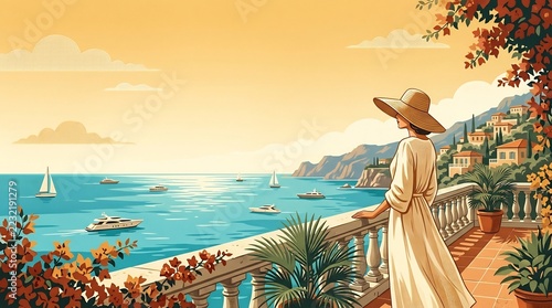 Elegant woman in white resort dress and straw hat standing on luxury coastal balcony overlooking the Mediterranean sea, vintage summer fashion and quiet luxury travel lifestyle.