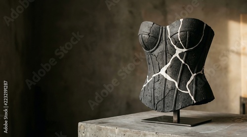 Sculptural black ceramic corset with white kintsugi cracks on display stand in modern art gallery, haute couture concept art, avant-garde fashion design.
