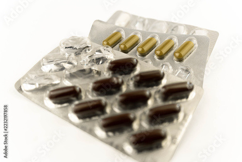 Variety of medicine, vitamins on white background.