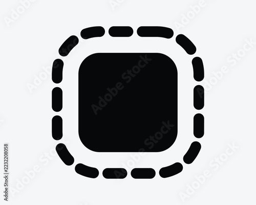 Solid rounded square with dashed outline vector icon in black style representing selection border offset path and design tool