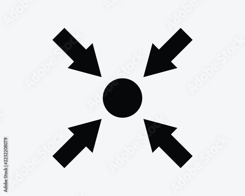Four arrows pointing to center dot vector icon in black solid style representing focus converge assembly point and target