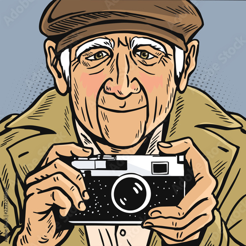 A friendly elderly photographer holding a vintage camera