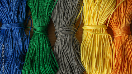 paracord, coils of multicolored rope, close-up