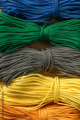 paracord, coils of multicolored rope, close-up