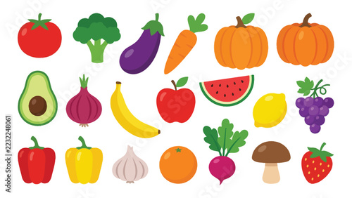 Assorted colorful fruits and vegetables in a flat style collection