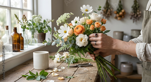 Florist hands arranging a beautiful fresh flower bouquet at a rustic wooden workshop table. Close up of florist arranging peach ranunculus white cosmos and eucalyptus bouquet by window.