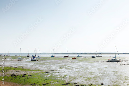 Sailboats Resting on Tidal Flats at Low Tide Along a Calm Coastal Estuary Under Blue Sky