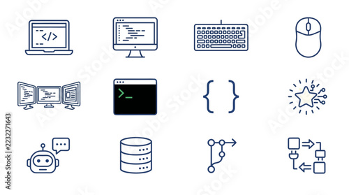 Software development icons set featuring coding tools and programming