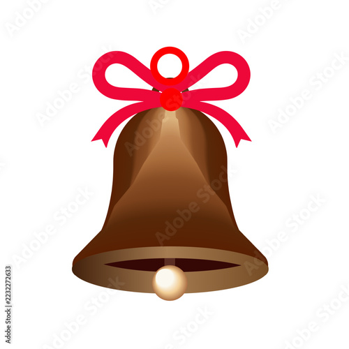 Golden Christmas Jingle Bell Red Ribbon Icon Vector