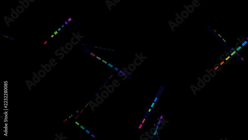 Colorful dashed light streaks forming abstract geometric patterns on a dark black background