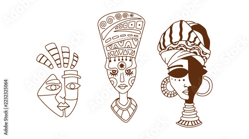 Obraz na plátně Three African inspired tribal faces with elaborate traditional headdresses and g