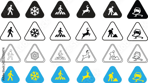 Road Safety Warning Signs. Triangle traffic icons for pedestrian crossing slippery road construction and deer hazard caution.