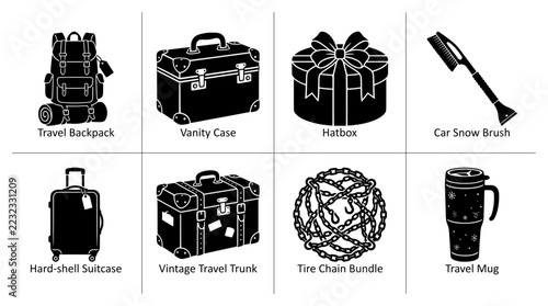 Travel luggage and accessories silhouettes set with backpack, suitcase, vanity case, hatbox, tire chains and car brush for journey icon