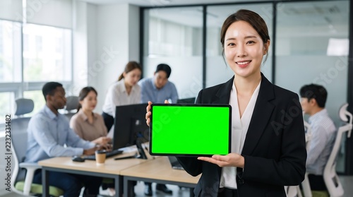 Smiling Asian businesswoman holding a tablet with green screen in a modern office with colleagues
