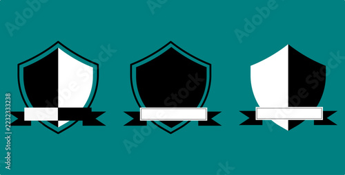 Three black and white heraldic shields with ribbons