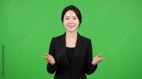 Smiling Asian businesswoman talking and explaining with open hands on a green screen