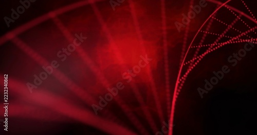 Radiating abstract red light beams sweeping across deep black void, with dotted curved arc