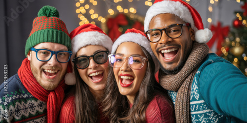 Four friends in Santa hats smiling selfie at a Christmas party