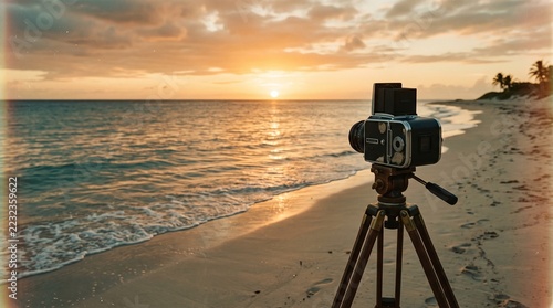 Vintage Film Camera on a Wooden Tripod Facing an Ocean Sunset on a Tropical Beach