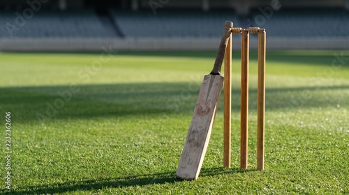Cricket Bat Leaning against Wooden Stumps on a Sunlit Cricket Ground with Copy Space