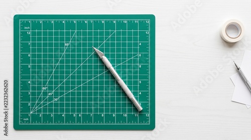 Craft Knife on a Green Cutting Mat with Masking Tape on a White Desk, Top View